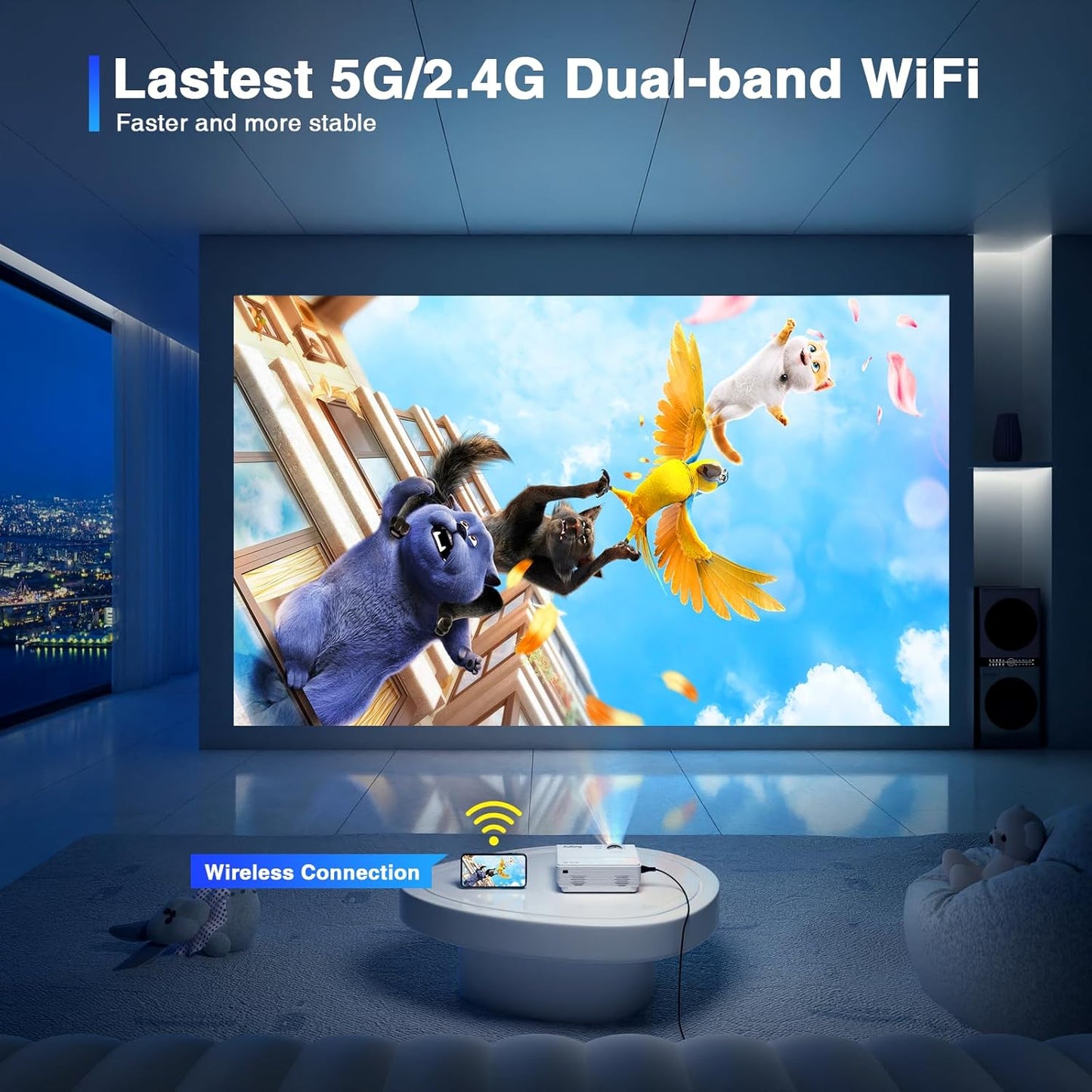 AuKing Projector,2025 Upgraded Mini Projector with Wifi and Bluetooth, Full HD 1080P Home Theater Video Projector Compatible with HDMI/USB/AV/Smartphone/TV Box/Laptop