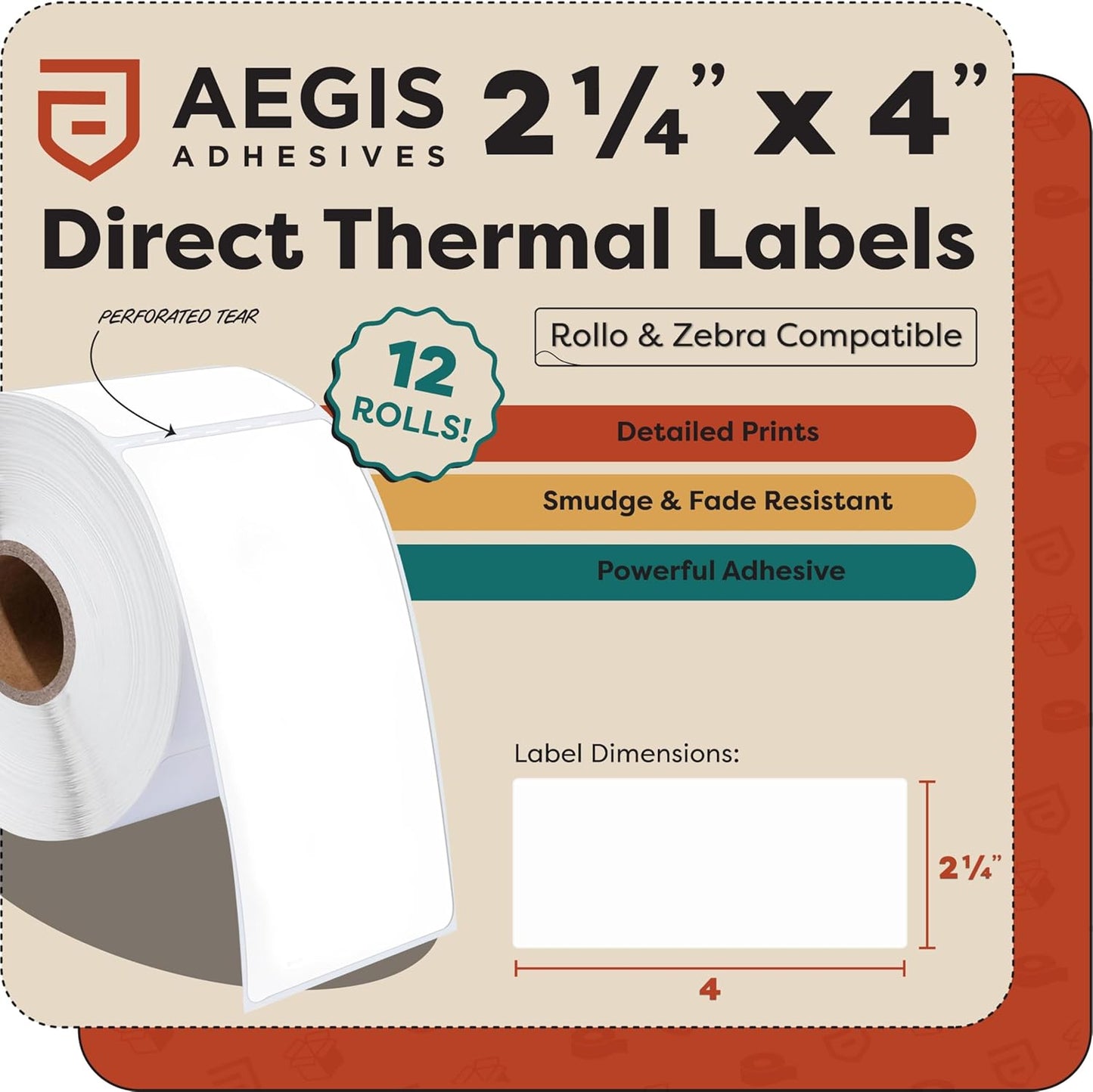 Aegis Adhesives - 2 ¼” X 4” Direct Thermal Labels for Shipping & Postage, Perforated & Compatible with Rollo, Zebra, & Other Desktop Label Printers (12 Rolls, 350/Roll)