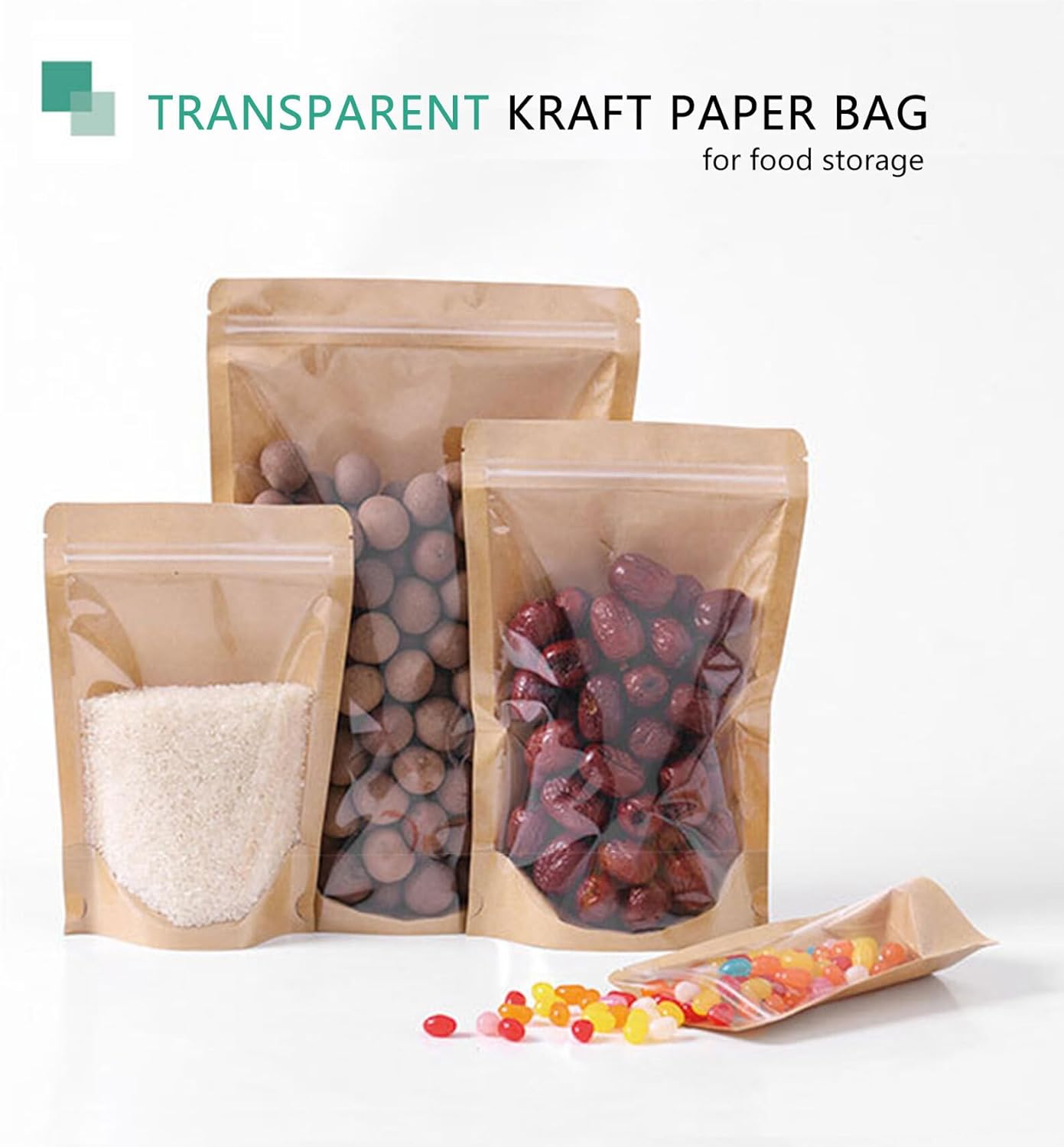 50pcs Kraft Bags With Window Clear Fornt Pouches Resealable Stand Up Zip Lock Food Storage Bags Brown 3.5"x5.5"