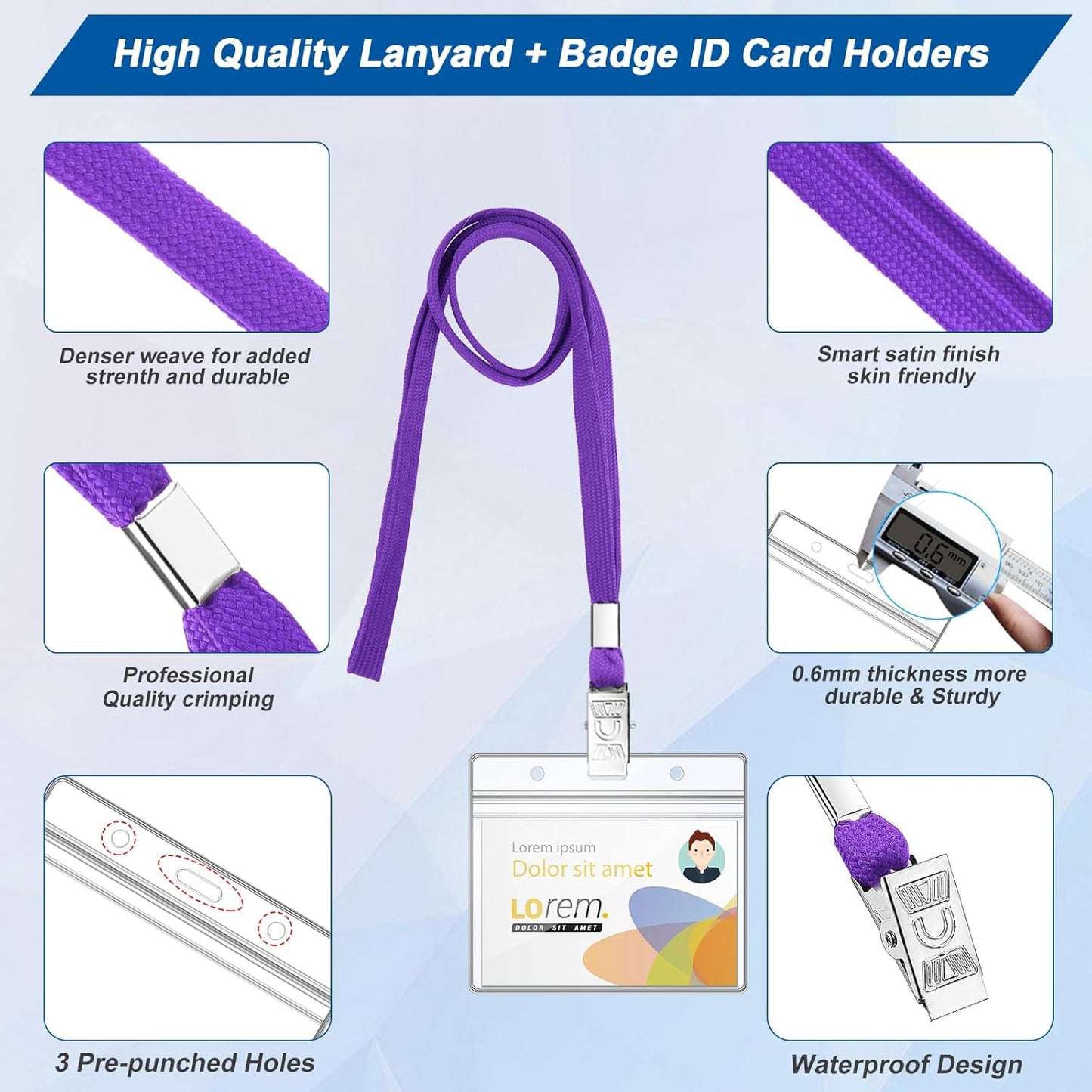 100Pcs Lanyards for ID Badges and 100 Pcs Clear Plastic Horizontal Name Badge ID Card Holders, Flat Neck Lanyards with Clip Waterproof Resealable Name Tag Badge ID Card Holders (Purple)
