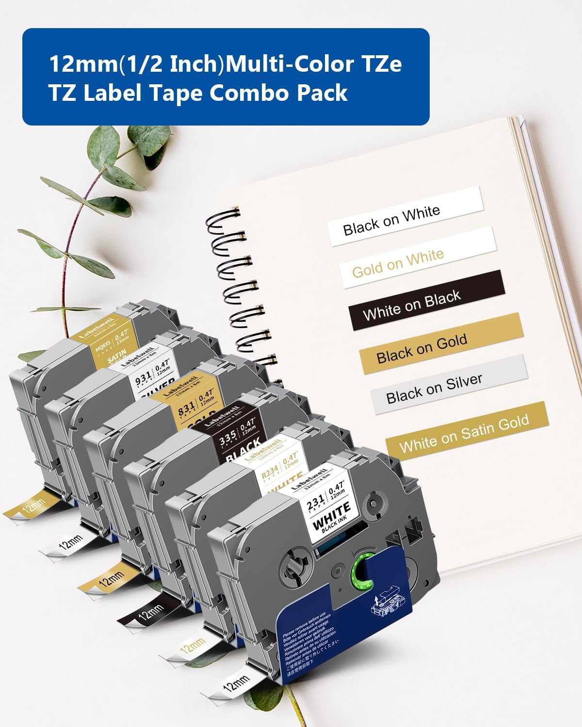 6-Pack Compatible TZe Label Tape 12mm 0.47 Inch Laminated Multi-Color TZ TZe-231 234 335 831 931 MQ835 TZe231 for PT-H110 D200 D210 D220 Label Maker, White/Gold/Sliver/Black