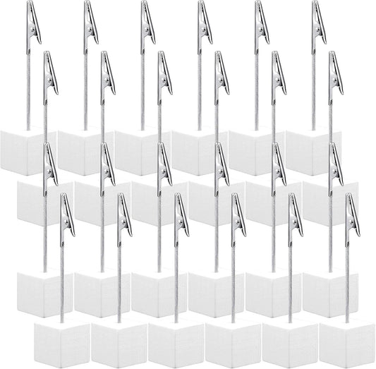 24 Pcs Wooden Memo Clips Holder Lightweight Wood Cube Base with Alligator Clip Clasp Mini Photo Holder Clip Menu Holder for Displaying Number Card (White)
