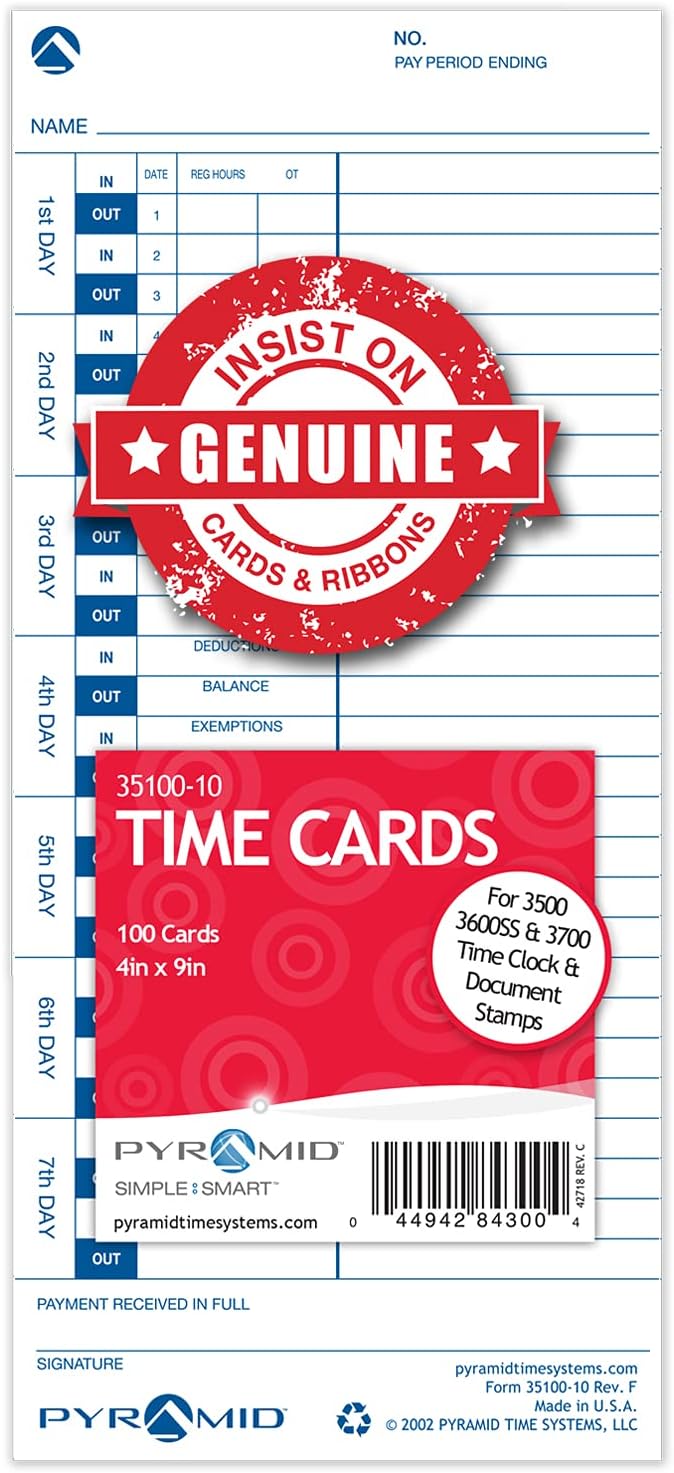 Pyramid Time Systems - 30% Recycled Time Cards (35100-10) for Pyramid Models 3500, 3500ss, 3600SS, and 3700 Time Clock and Document Stamp, Single Sided Time Sheets (4 X 9 Inches) - 300 Time Cards