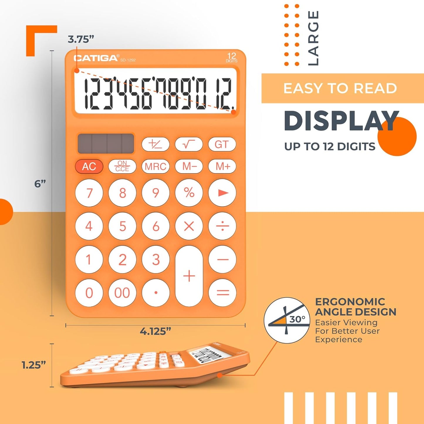 CATIGA 12 Digit Desktop Calculator Basic Desk Calculator with Large LCD Display, Big Buttons, 4 Function, Solar and Battery Dual Power, for Office, School, Home, SD-1292 Orange