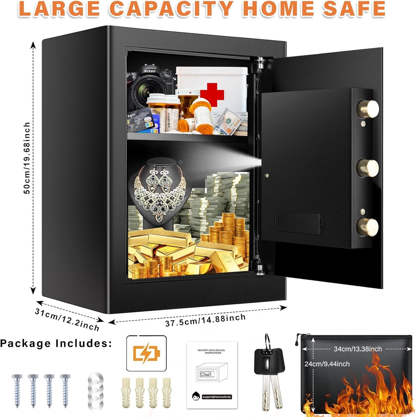 2.4 Cubic Large Fireproof Safe Box with Fireproof Document Bag, Personal Security Home Safe with Removable Shelf, Anti-Theft Lock Box for Documents Money Jewelry Valuables