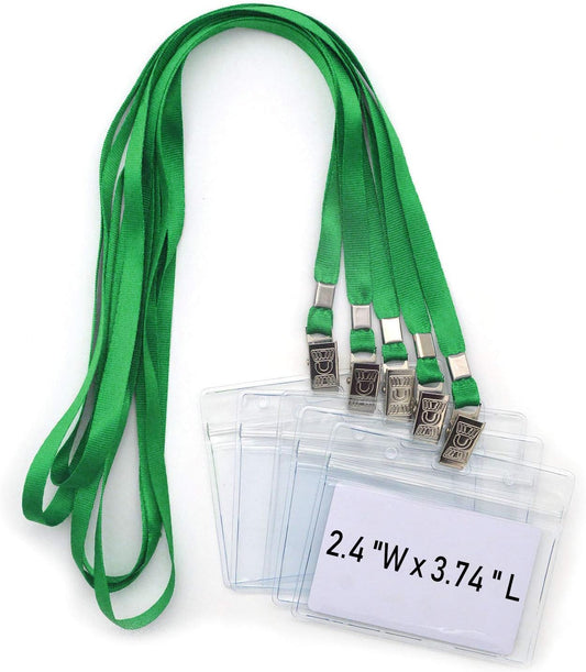Bird Fiy Lanyards with id Holder Name Badges 50 Pcs Waterproof Type Clear Plastic Horizontal Name Tag Badge Id Card and 50 Pcs Lanyard (Green)