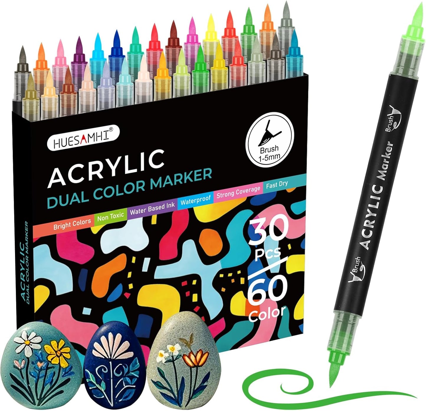 Acrylic Paint Markers 60 Colors 30 PCS Dual Tip Acrylic Markers for Adult Coloring Books No Bleeding Ideal for Glass,Ceramic,Wood,Canvas,Stone,Fabric, Rock Painting, Art Supplies