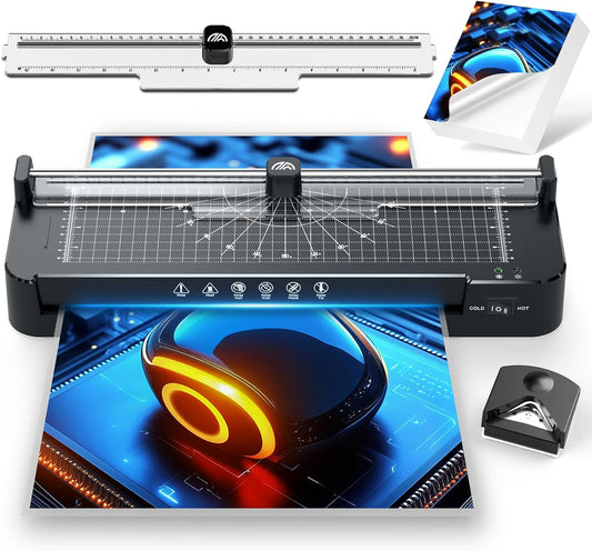 13in Laminator Machine with Paper Trimmer + 50pcs Sheets + Corner Rounder, Dual Hot/Cold Mode | Anti-Jam Technology | 90s Fast Preheat for A3/A4/A5/A6 Home Office School Use