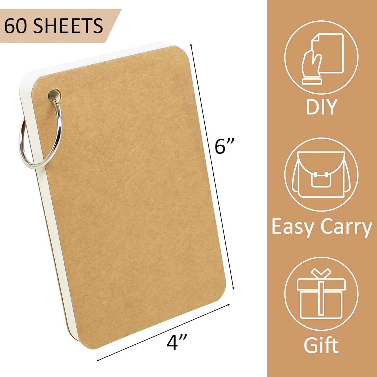 6 Pack 4x6 Inch Blank Flash Cards with Binder Rings (60 Sheets Each Pack), Blank Easy Flip Index Card Mini Study Note Cue Cards for Studying