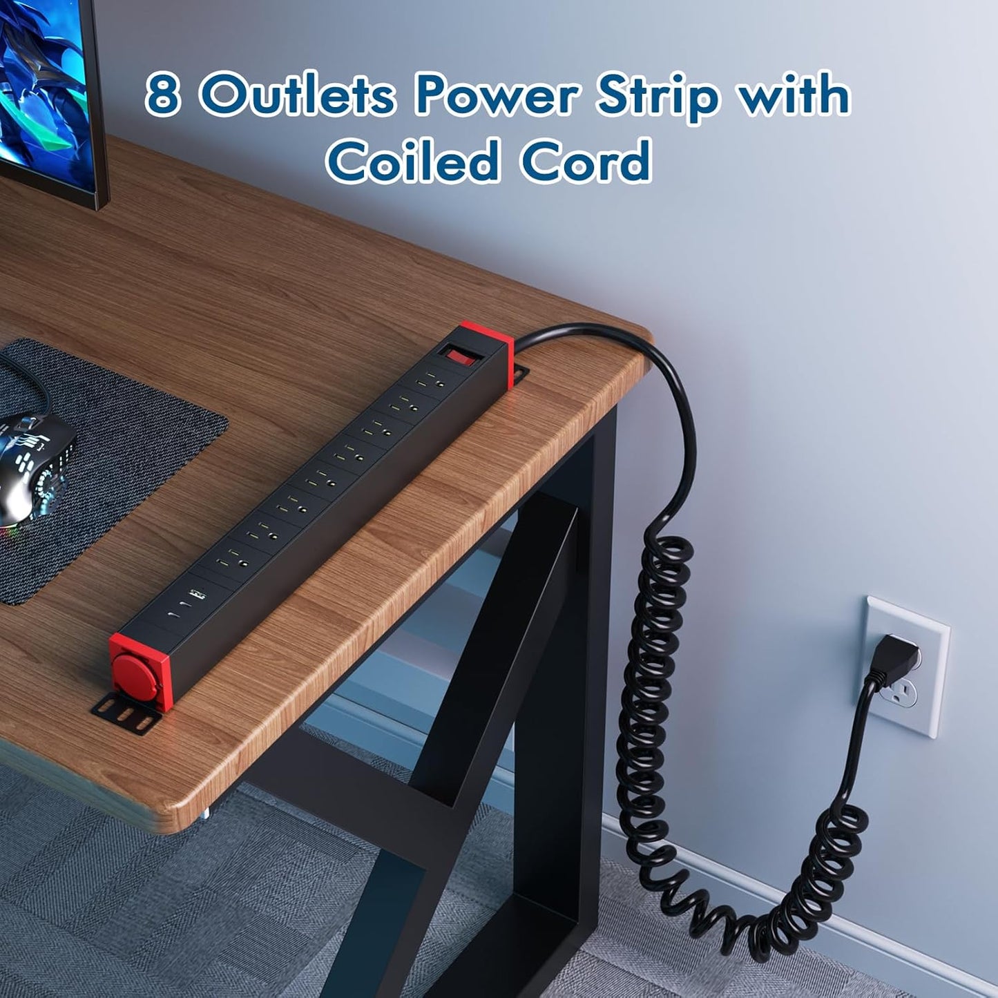 8 Outlet Surge Protector Power Strip,360° Rotatable Mounting,PD 20W USB C Fast Charging, Mountable Powerstrip Metal with 5FT Colied Cord for Home Office Industrial Garage Commercial