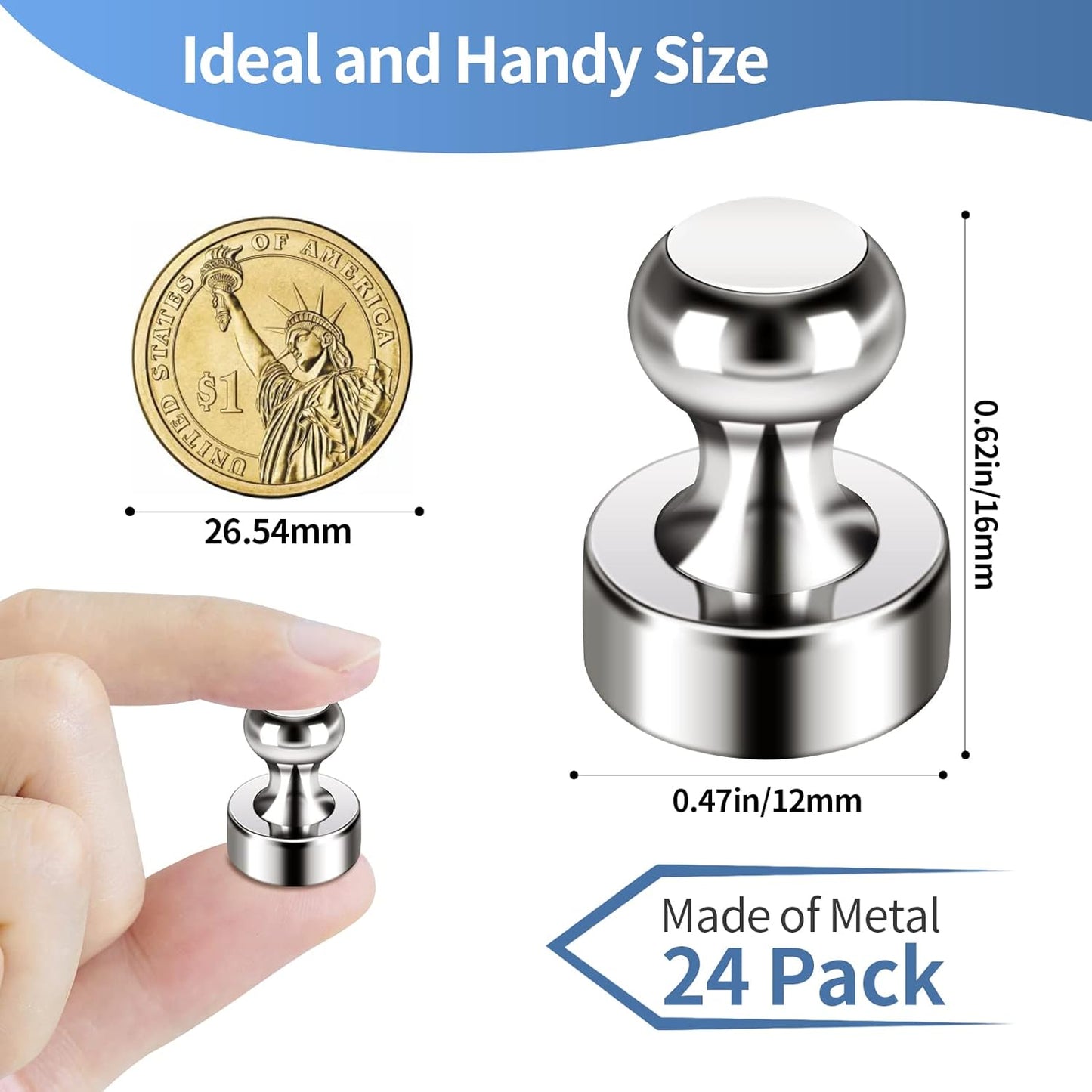 24Pack Strong Fridge Magnets - Small Push Pin Magnets for Whiteboard, Classroom, Office, Refrigerator