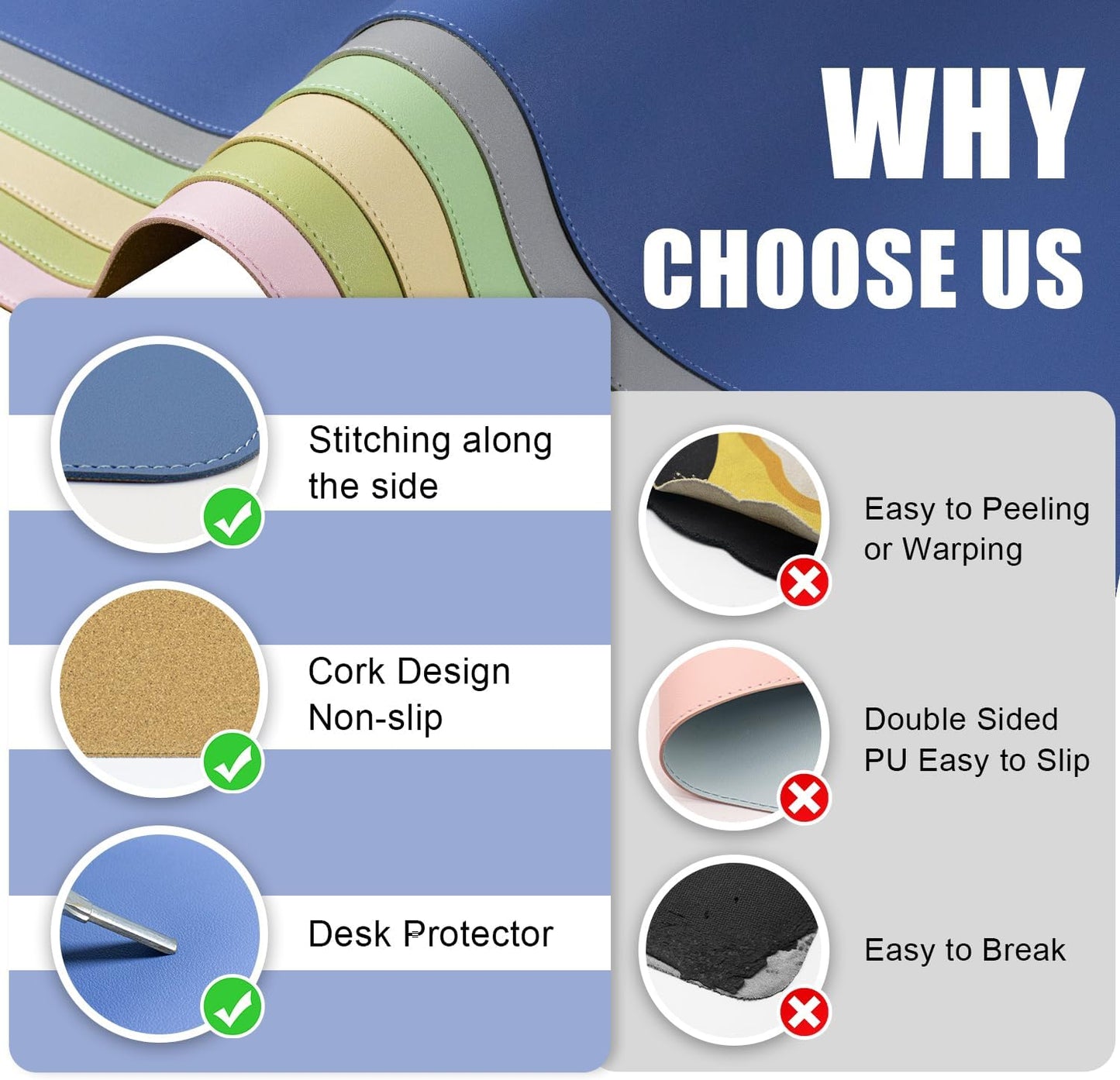 BLESWIN Large Desk Pad, 47.2'' x 23.6'', Office Desk Mat, Computer Mat for Desk, Leather Desk Pad Protector, Sewing Desk Blotter, Desktop Writing Pad for Office/Home/Decor Lake Blue