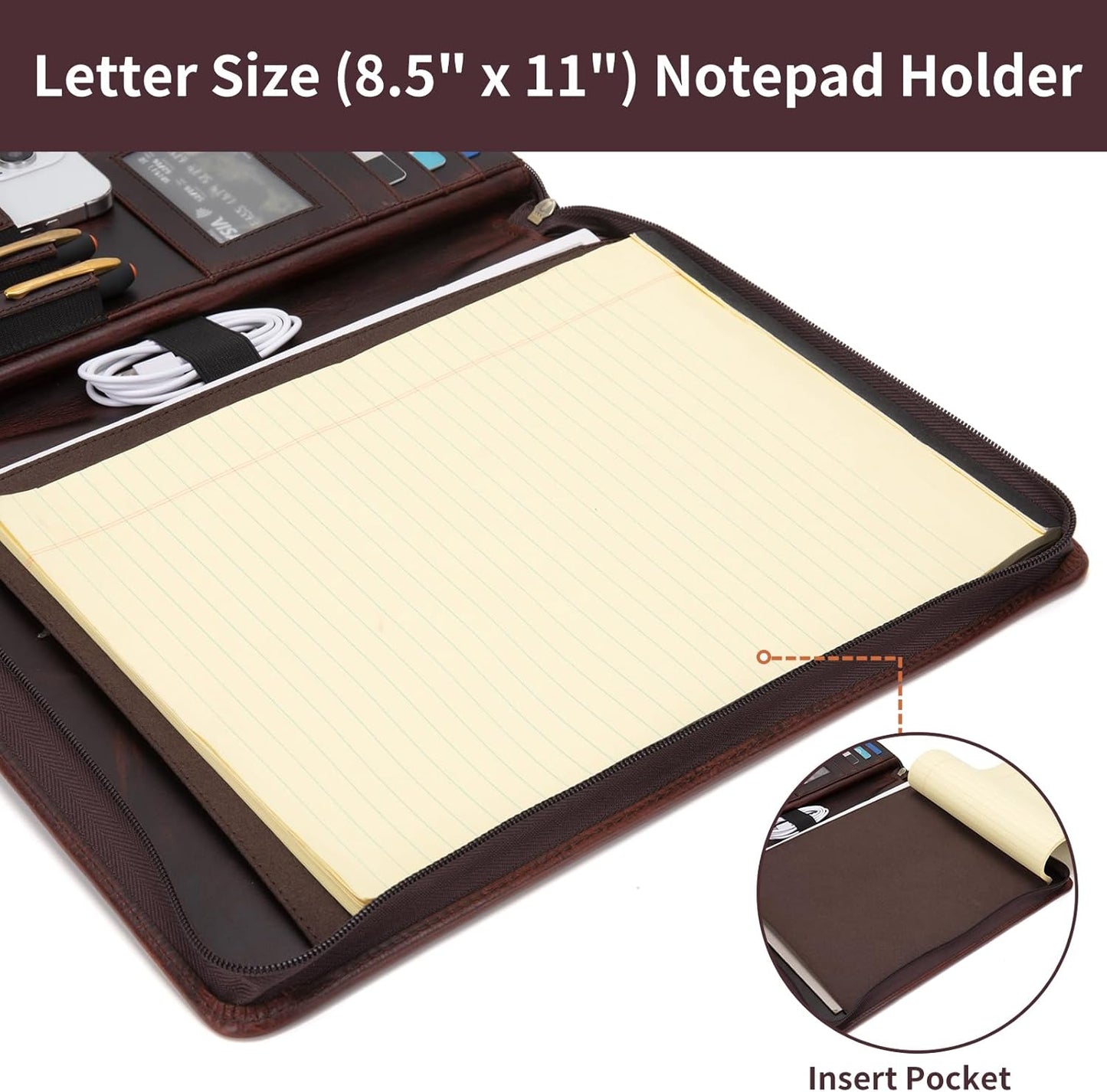 Genuine Leather Portfolio for Women and Men, 8.5 x 11 Legal Pad Padfolio, Zippered Notebook Organizer for 13” Laptop, Business Executive Professional Folio for Work, Dark Brown, Oil Tanned