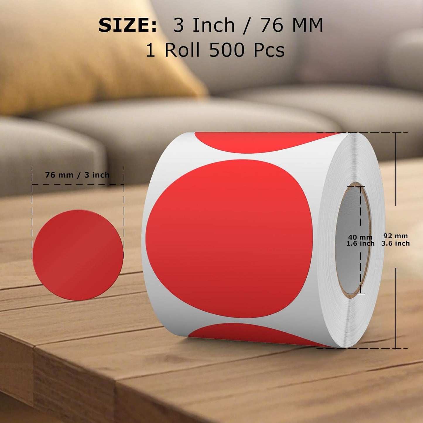 500 PCS Round Stickers 3 Inch Vinyl Red Colored Dot Sticker Roll Removable Color Coding Circle Floor Labels for Inventory Office Classroom Organize