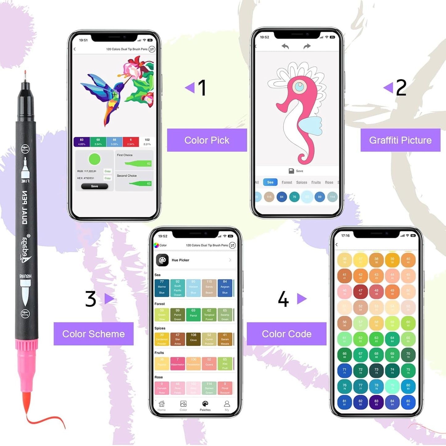 120 Colors Dual Brush Markers, Fine and Brush Tips Numbered Pens with App, for Adults and Kids, Coloring Book Bullet Journaling Note Taking Planner Hand Lettering Calligraphy Drawing Art Supplies Kit