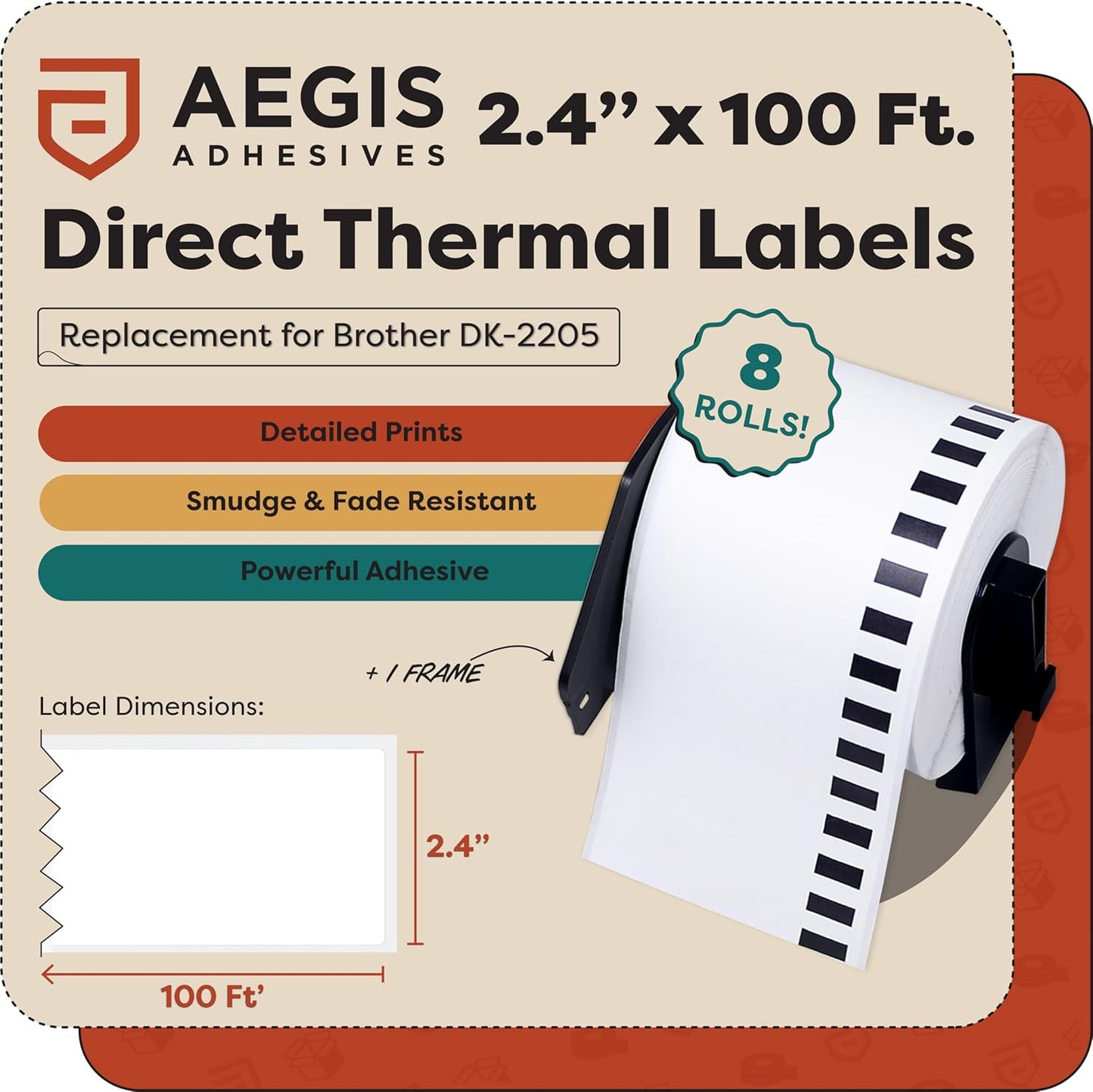 Aegis Adhesives - Compatible Label Replacement for Brother DK-2205 (2.4" X 100 Ft.) Continuous Paper Tape, Use with QL Label Printers - 8 Rolls + 1 Frame
