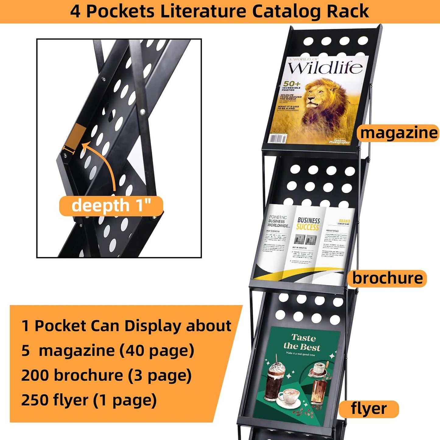 4 Pocket Folding Metal Black Literature Rack with Case Brochure Stand for Trade Show Exhibition Office Retail