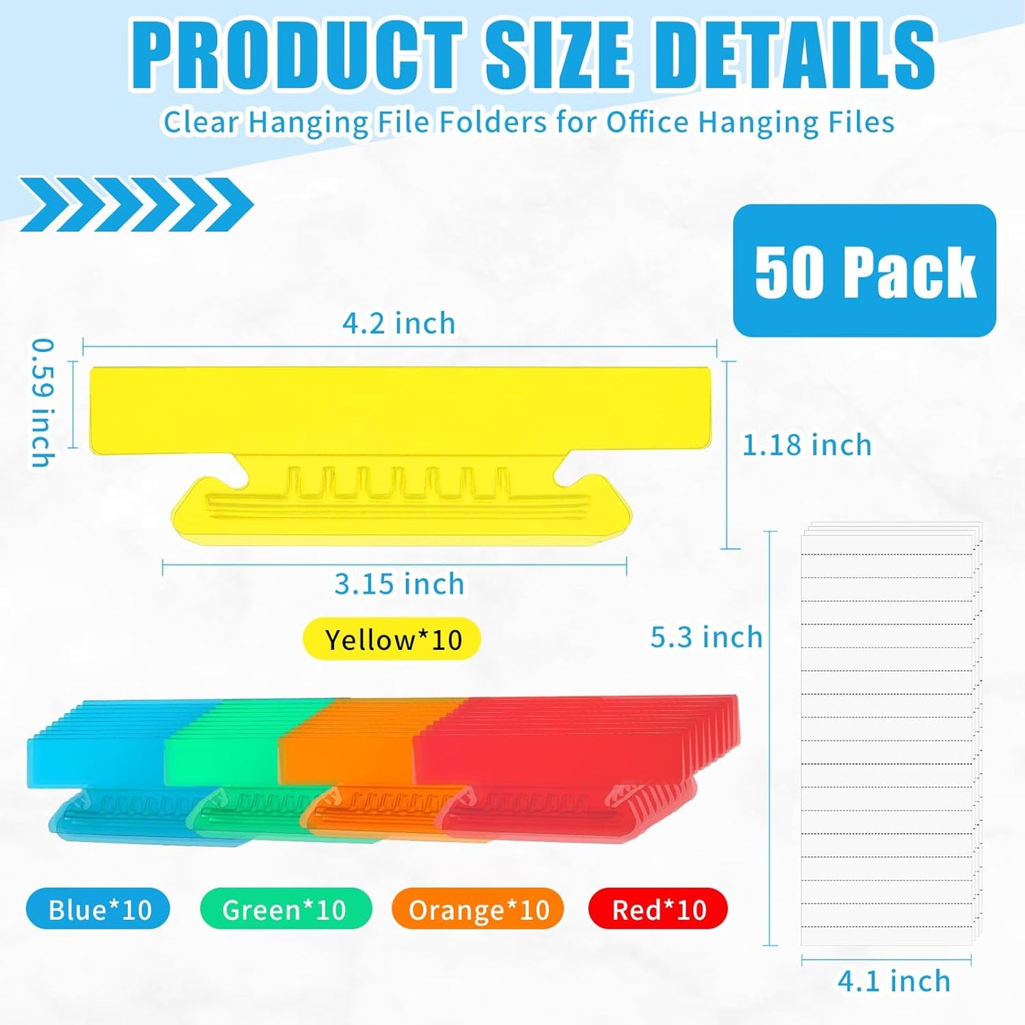 50 Pieces 4 Inch Hanging File Folder Tabs and Inserts Large Clear Plastic Hanging Folder Tabs for Filing Cabinet Folders Labels Back to School Supplies Assorted Colors (50)