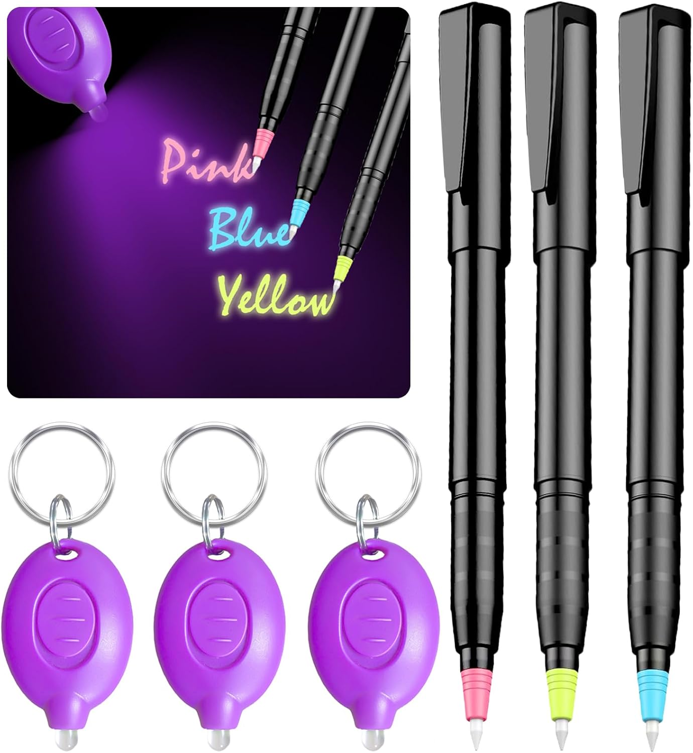 Invisible Ink Pens with UV Light, Magic Spy Pens with Mini UV LED Keychain Flashlights for Secret Messages, Disappearing Ink Pens with Black Light for Kids, Ideal (3PCS)
