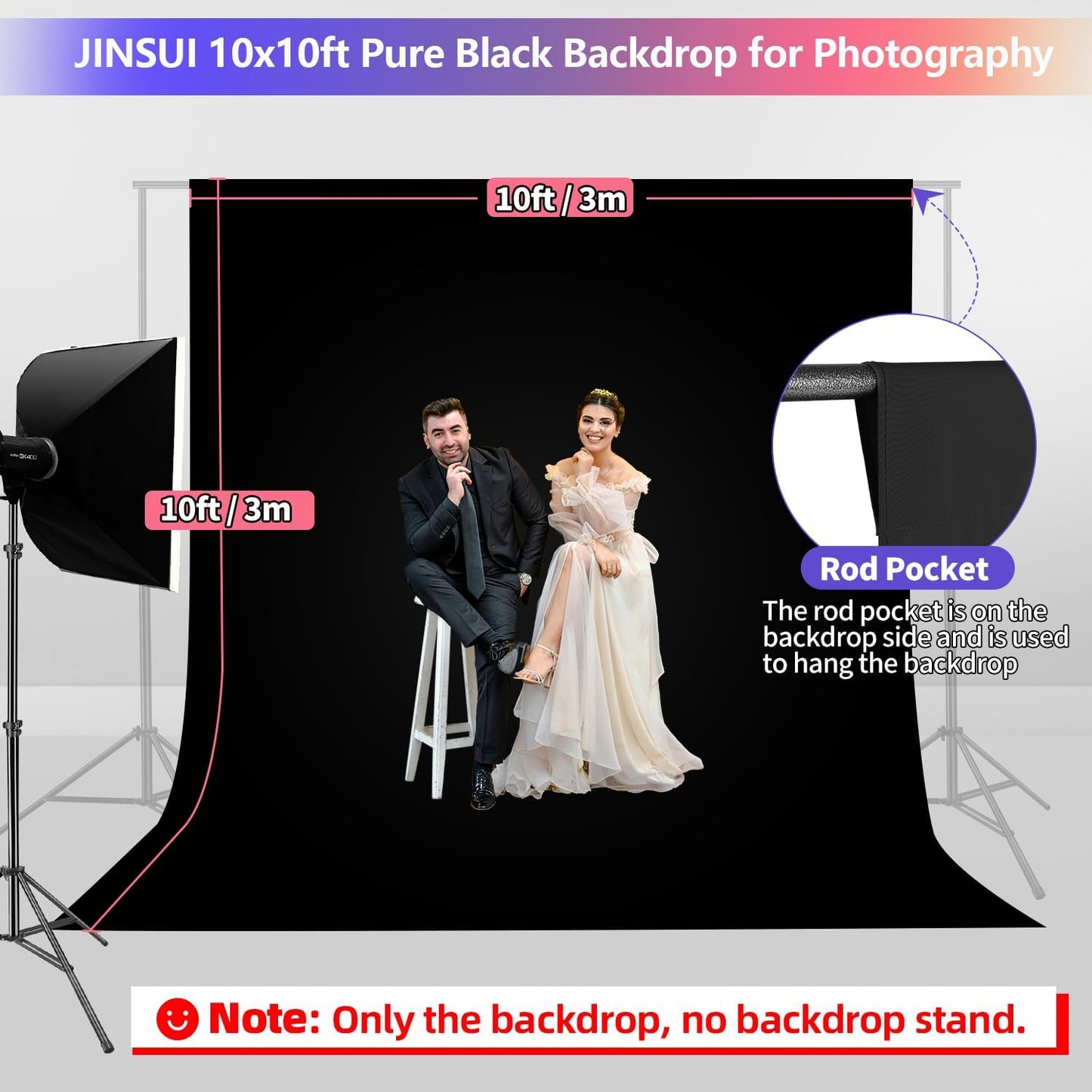 Black Backdrop 10x10ft, Photo Backdrop Curtain for Photoshoot, Pure Photographic Studio Backgrounds, Thick Polyester Fabric Photography Black Screen for Party Portraits Video Recording (Backdrop Only)