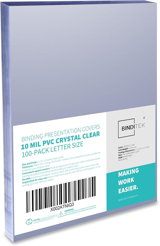 Binditek 100 Pack 10 Mil PVC Clear Binding Covers, 8.5 x 11 Inches, Letter Size, Square Corners, Un-Punched, Office Supplies