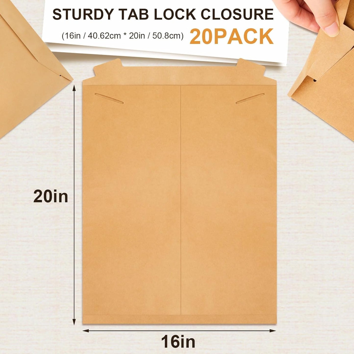 20 Pack 16x20 in Tab Lock Rigid Mailers Extra Large Sturdy Keep Flat Mailers Cardboard Envelopes Kraft Paper 250 Gsm for Shipping Photos, Packing Documents, Gift Cards, Cds, Art Prints
