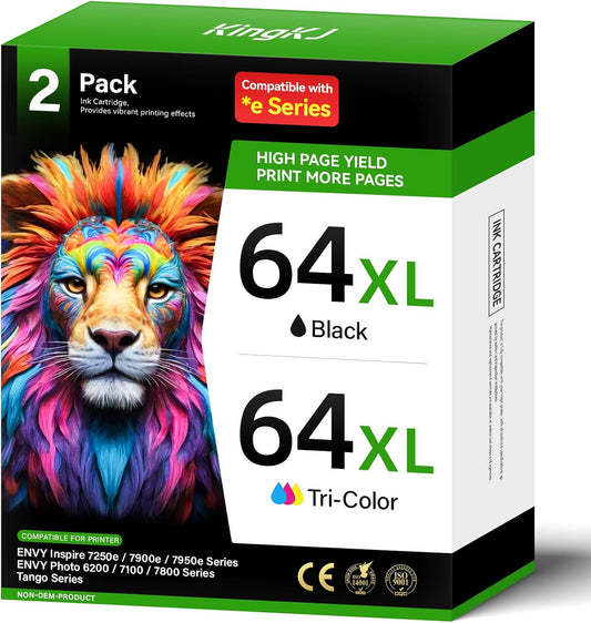 64XL Ink Cartridge Black/Color Combo Pack Replacement for HP Ink 64 XL for Envy Inspire 7900e 7255e 7955e 7958e 7200e Photo 6200 7855 7858 7800 7100 7155 7120 6252 6255 7158 7164 Tango Series Printer