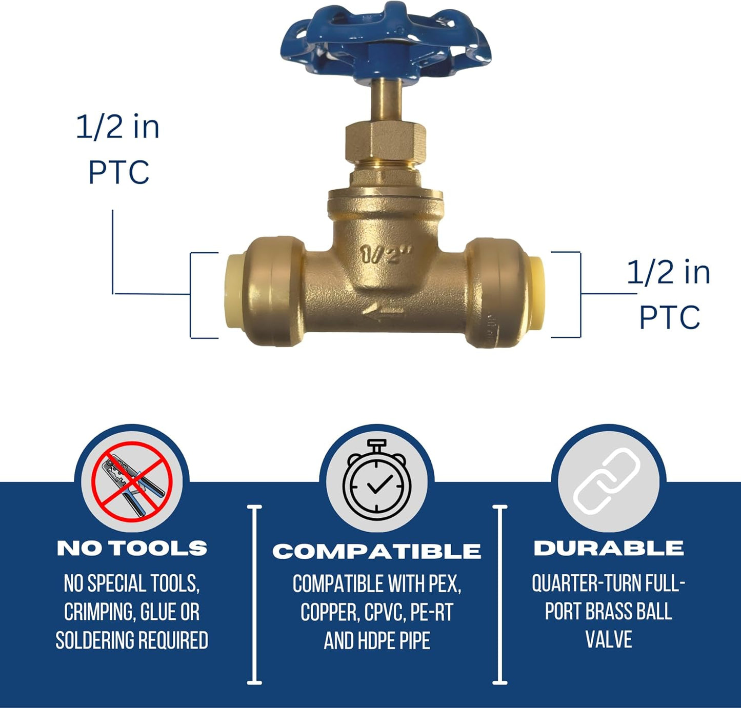 1/2 inch Push Fit Stop Valve with Drain and Vent, Push to Connect Brass Plumbing Fitting, Pex Pipe, Copper, CPVC, PE-RT, HDPE, 2-5-1=5, 5 Pieces