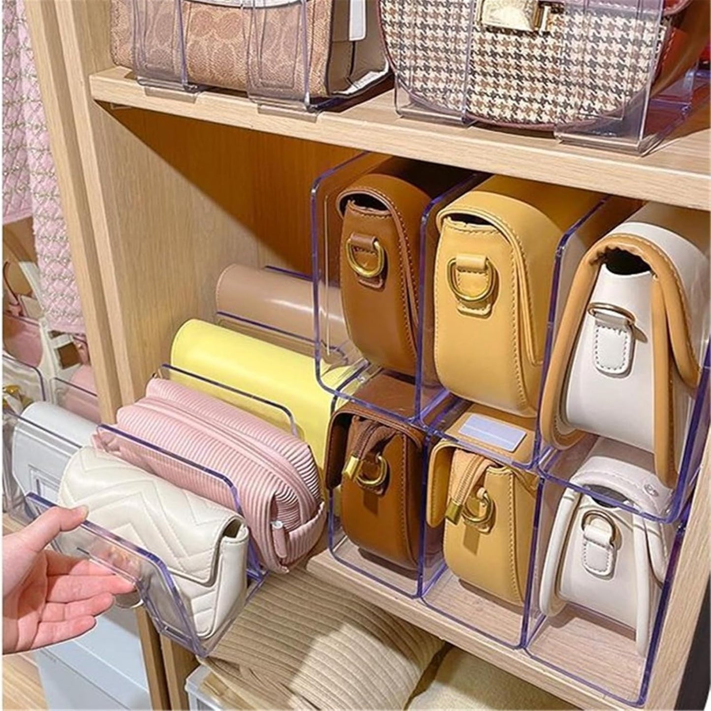 LUGUNU Clear Acrylic Purse Organizer - 3-Section Divider for Handbag Closet Storage - Durable Rack for Purses, Clutches More (Set of 4)