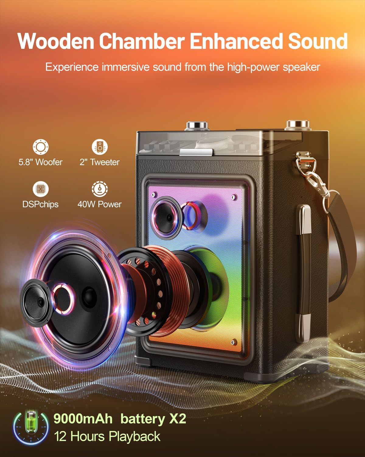 Karaoke Machine for Adults with 2 Wireless Microphones & Guitar Input, Professional Bluetooth 5.3 Speaker, Portable Wooden Karaoke PA System with Bass/Treble Adjustable for Backyard, Home Party
