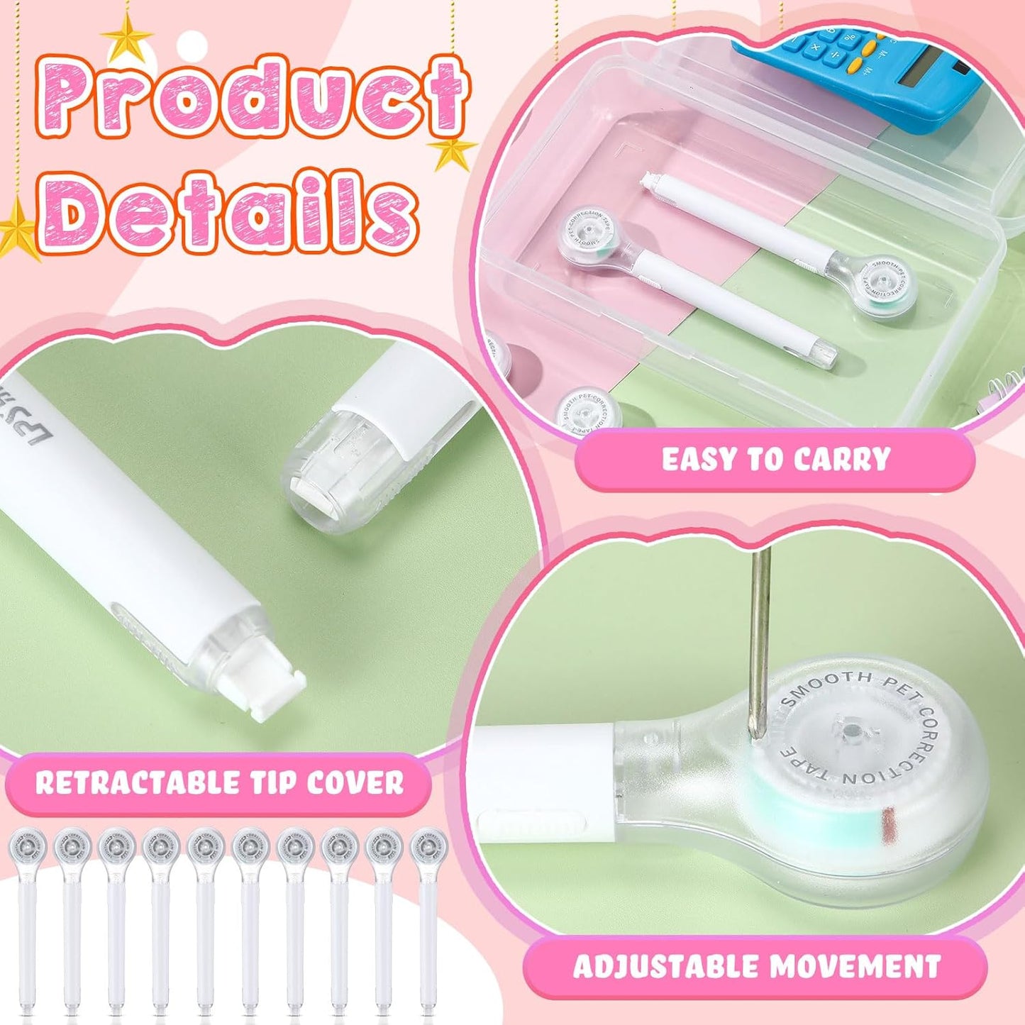 10 Pack Correction Tape Pen Correctional Ink Tape Push Pull Protective, Easy to Use Applicator for School Office Supplies, 0.2 x 236 Inch(White Color)