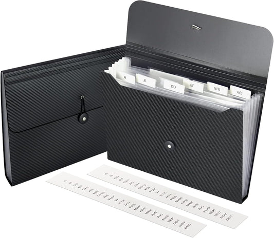 7 Pocket Expanding File Folder with Tab Inserts, Accordian File Organizer Document Receipt Organizer, Accordion Folder File Keeper A4 Letter Size, for School Home Office, Black(Pack of 2)