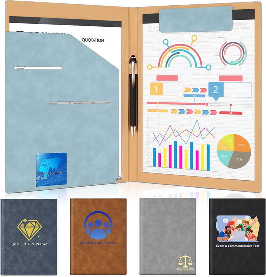 Personalized Padfolio Folder, Leather Custom Portfolio for Men & Women Resumes Office Business, A4 Portfolio Binder for Office College Resumes (Blue)