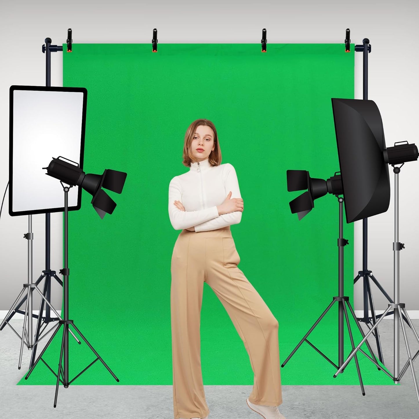 2-in-1 Green Backdrop Stand Kit - 6x9 ft Green Backdrop with 6.5x6.5ft Portable Photography Stand for Video Streaming,Zoom Meetings,Parties,Anti-Wrinkle Polyester Fabric