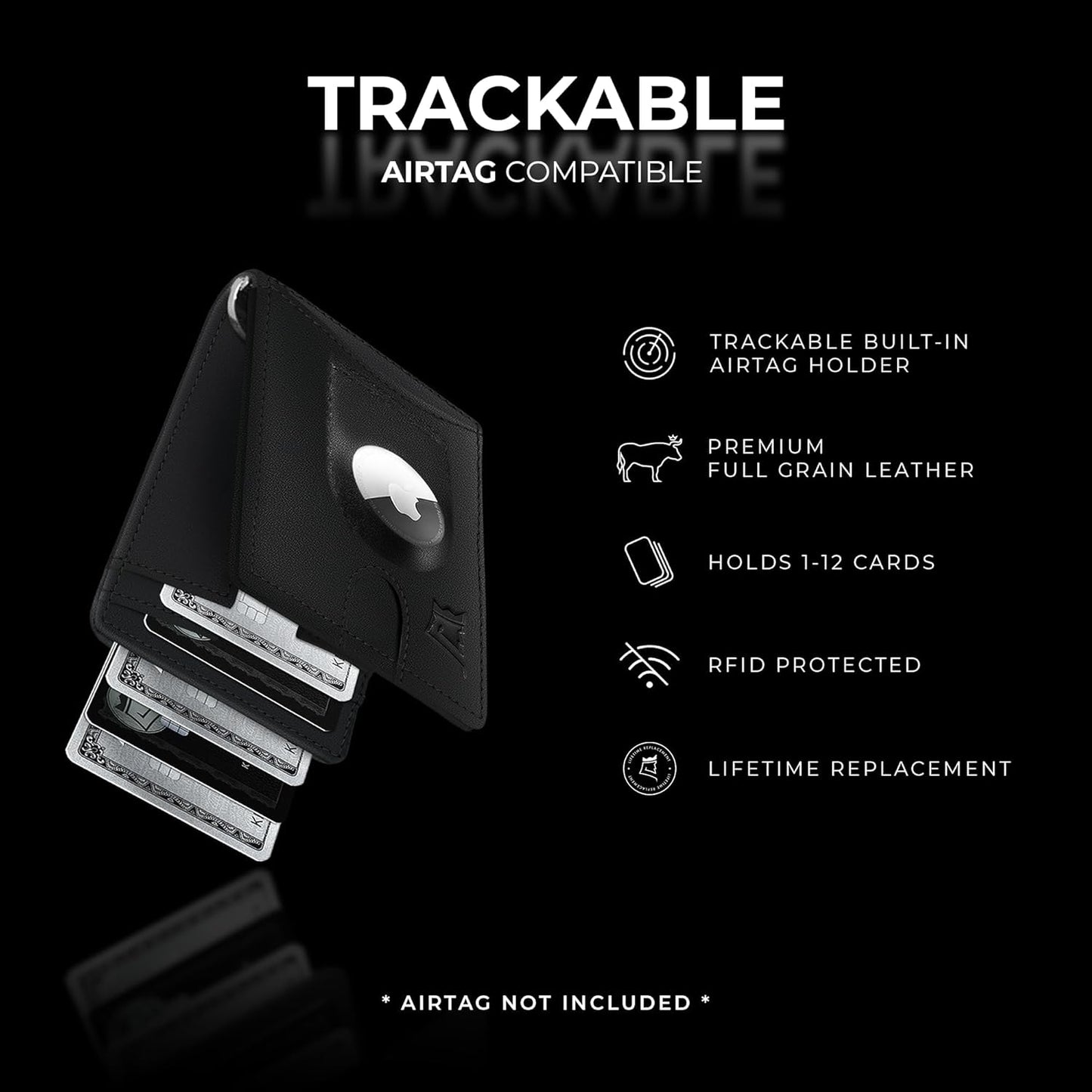 Kings Loot Trackable Airtag Wallet for Men | RFID Blocking Leather Design with Airtag Holder, Money Clip & Pull Tab | Minimalist Air Tag Wallets