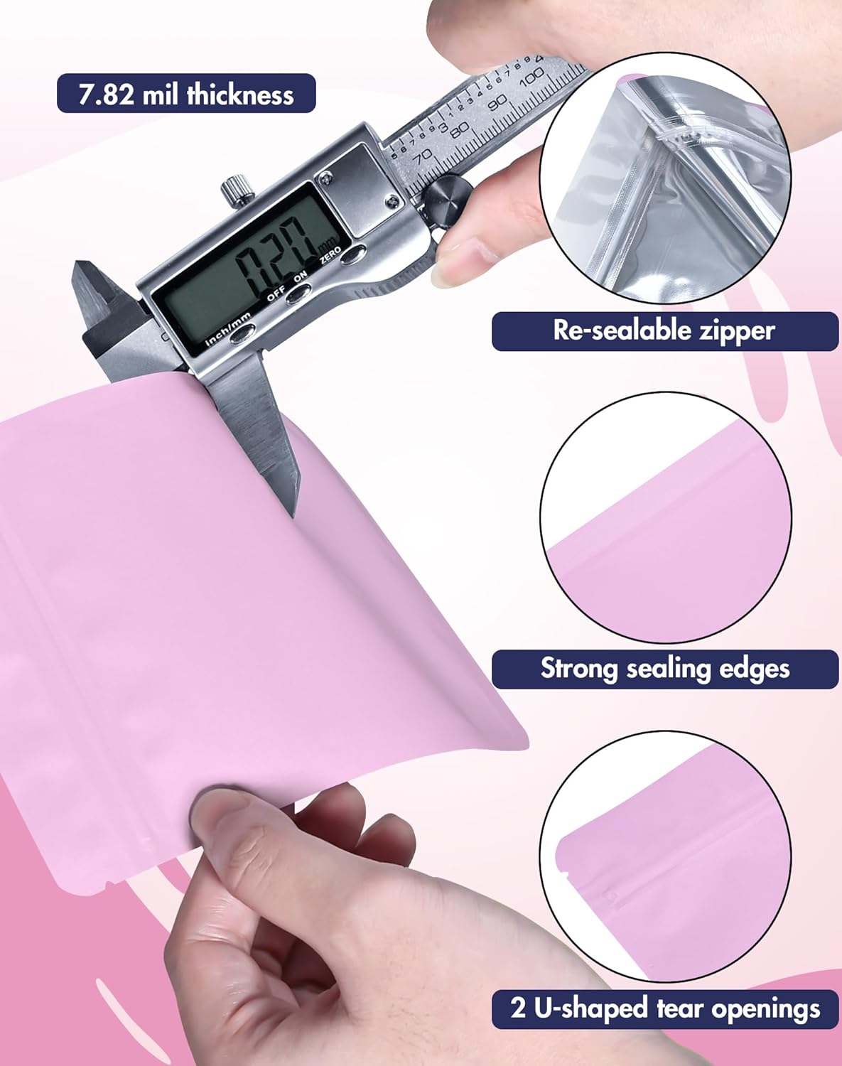 100 Pack Resealable Packaging Bags for Small Business Double-Sided Color Smell Proof Bags for Food Storage Flat Bags (Pink, 2.7" x 3.8")