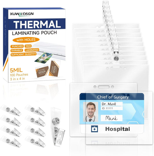 100 Pieces Laminating Pouch with 50PCS Clips Government-Size Card Laminating Pouches Luggage Tags Thermal Laminate Pouch Tags Kit Clear Laminating Pouch for Work Permits Pass Cards Student ID Cards