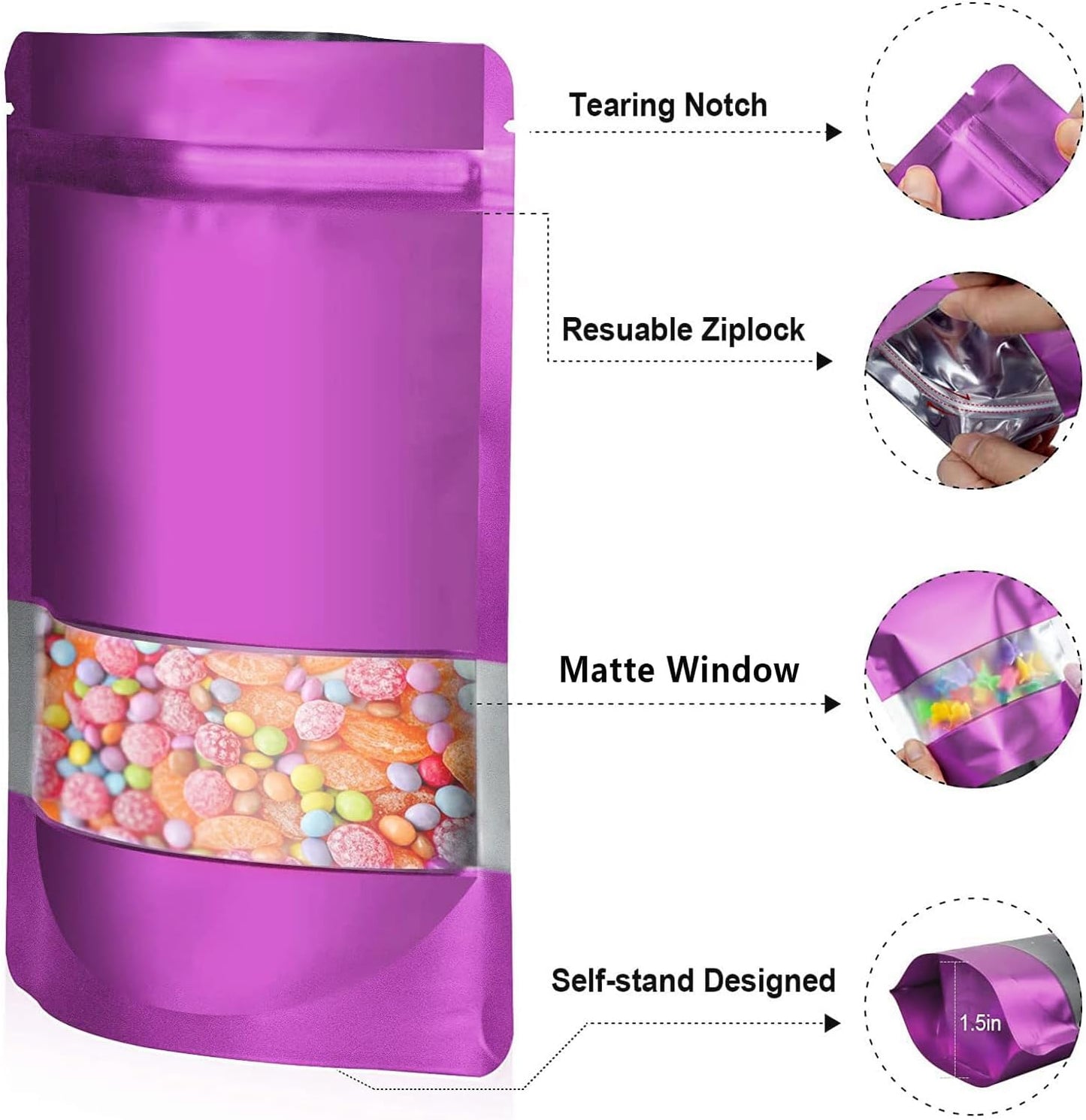 5.5"x7.8" 120pcs Mylar Bags for Food Storage,Smell Proof Bag with Matte Window Resealable Food Storage Bags for Small Business, Stand-up Foil Pouch Packaging Freeze Dried Candy Bag（Purple）