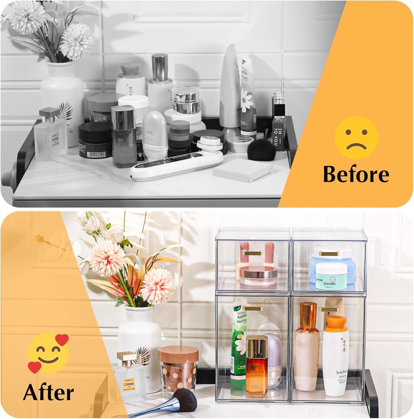 4 Pack Stackable Clear Acrylic Storage Drawers with Golden Handles, Plastic Drawer Organizers for Makeup, Kitchen, Bathroom, Office, Under Sink & Cabinet Organization(6.7"D x 10.6"W x 12"H)