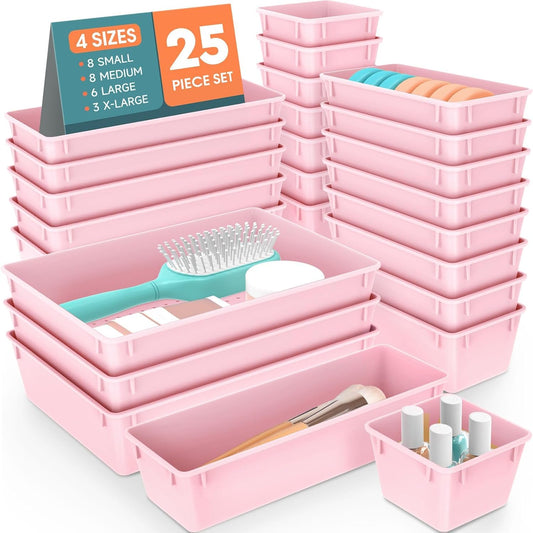 25 PCS Plastic Drawer Organizer Set, 4-Size Versatile Organizer Trays & storage Bins for Makeup, Jewelry, and Gadgets in Bathroom, Bedroom and Office, Pink