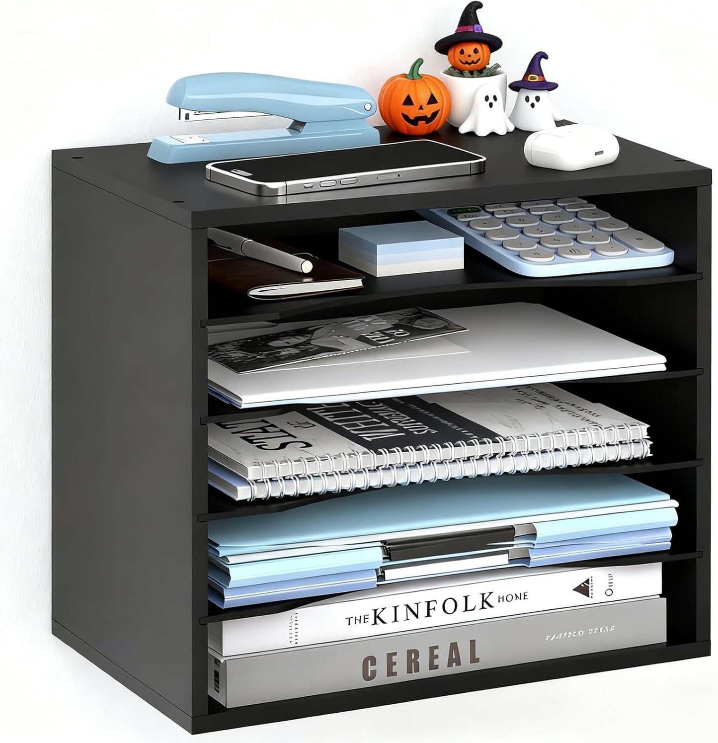 5-Tier Wood Desk Organizer, Paper Tray Organizer for Desk with Adjustable Storage Shelves, Desktop Paper Sorter Mail Holder for Office Home Classroom, Black