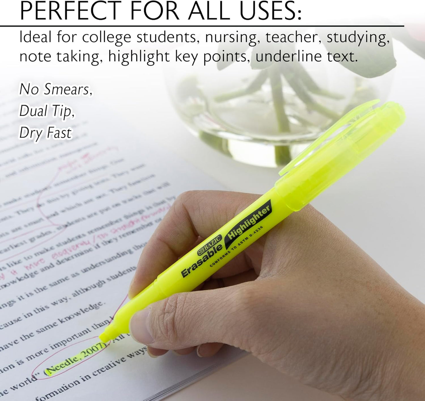 BAZIC Erasable Highlighter, Chisel Broad Line Fine Point Highlighters, Unscented Highlighting Coloring Erase Marker (3/Pack), 144-Packs