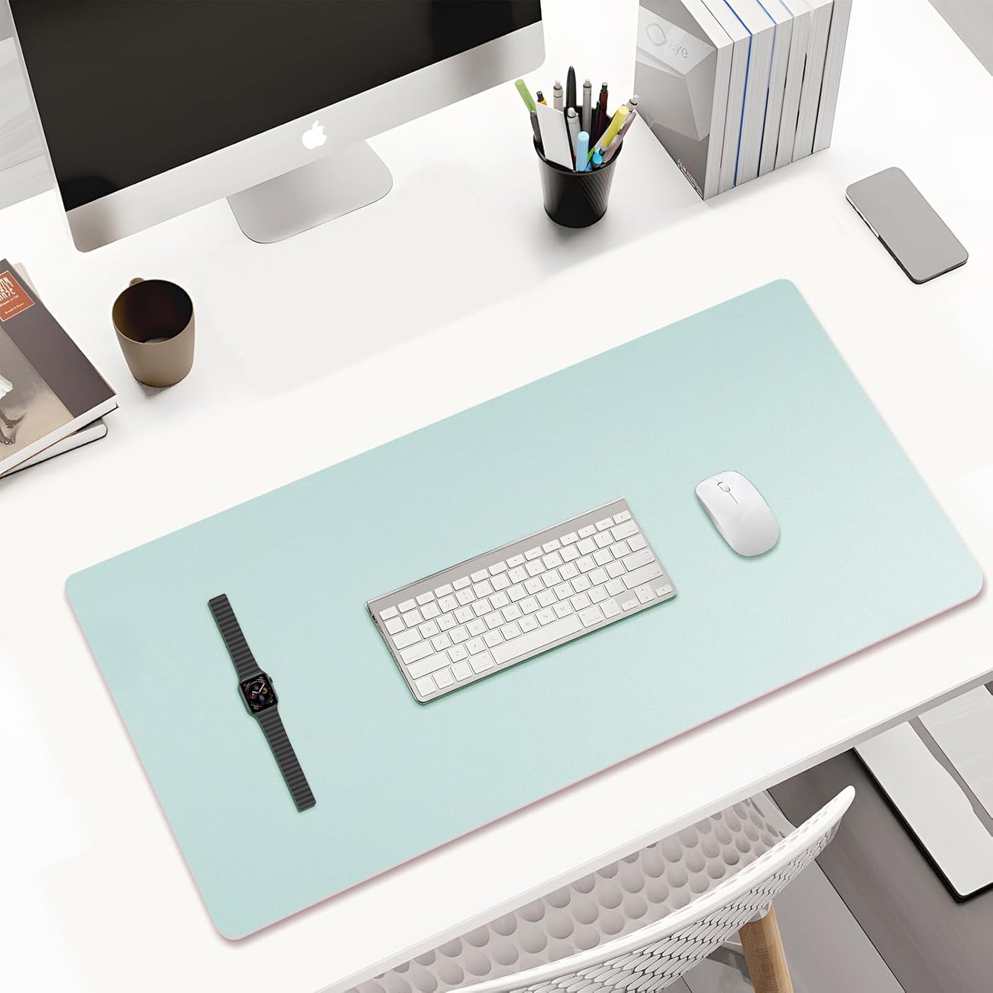 KINGFOM Desk Pad Office Desktop Protecter, PU Leather Desk Mat Blotters Organizer with Comfortable Writing Surface (47.2" x 23.6", Light Green+Pink)