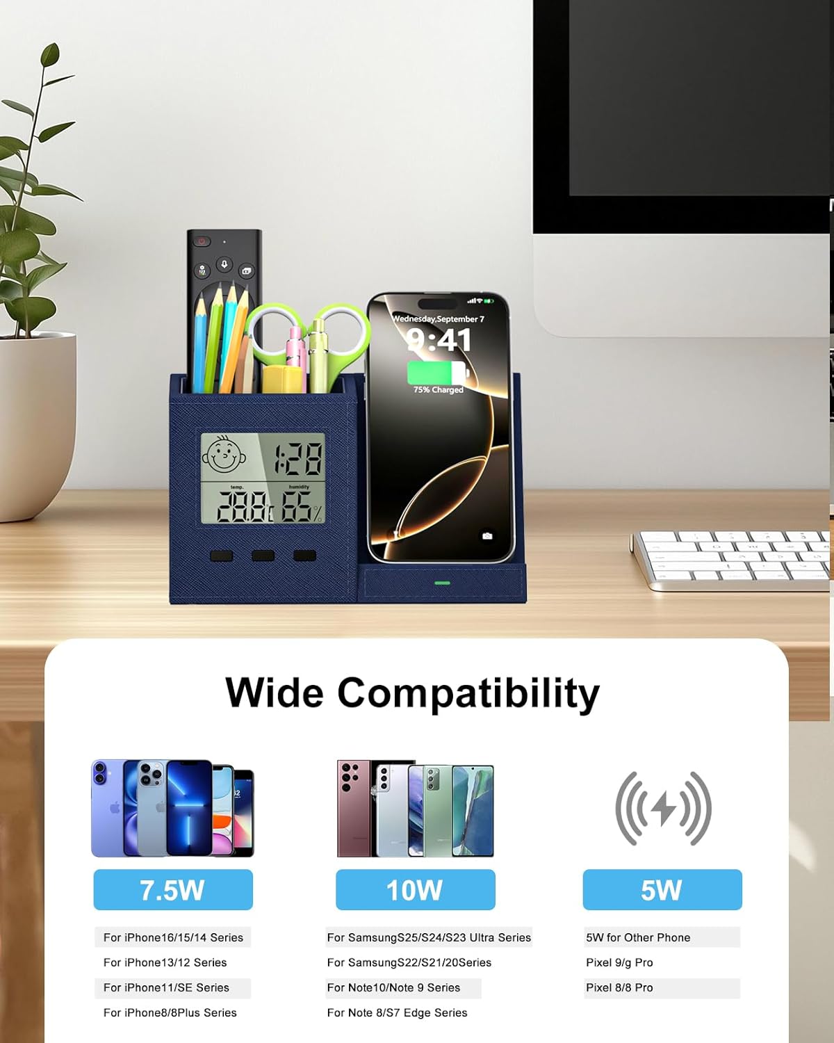 3-in-1 Wireless Charger with Pen Holder, Desk Clocks with Temperature and Humidity, Compatible with iPhone 16/15/14/13/12/11/8Series, Pencil Holder for Desk Home Office, Men Gift Idea Gadget, Blue