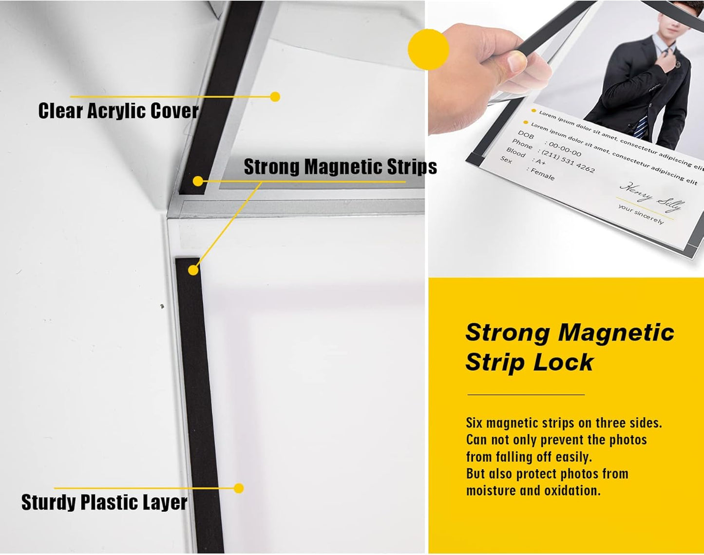 Acrylic Magnetic Sign Holder, Easy-Opening 8.5 x 11 Wall Mount Display Frames, Self Adhesive Back Plastic Clear Document Frame, Horizontal & Vertical Display (Black, 6Pack)