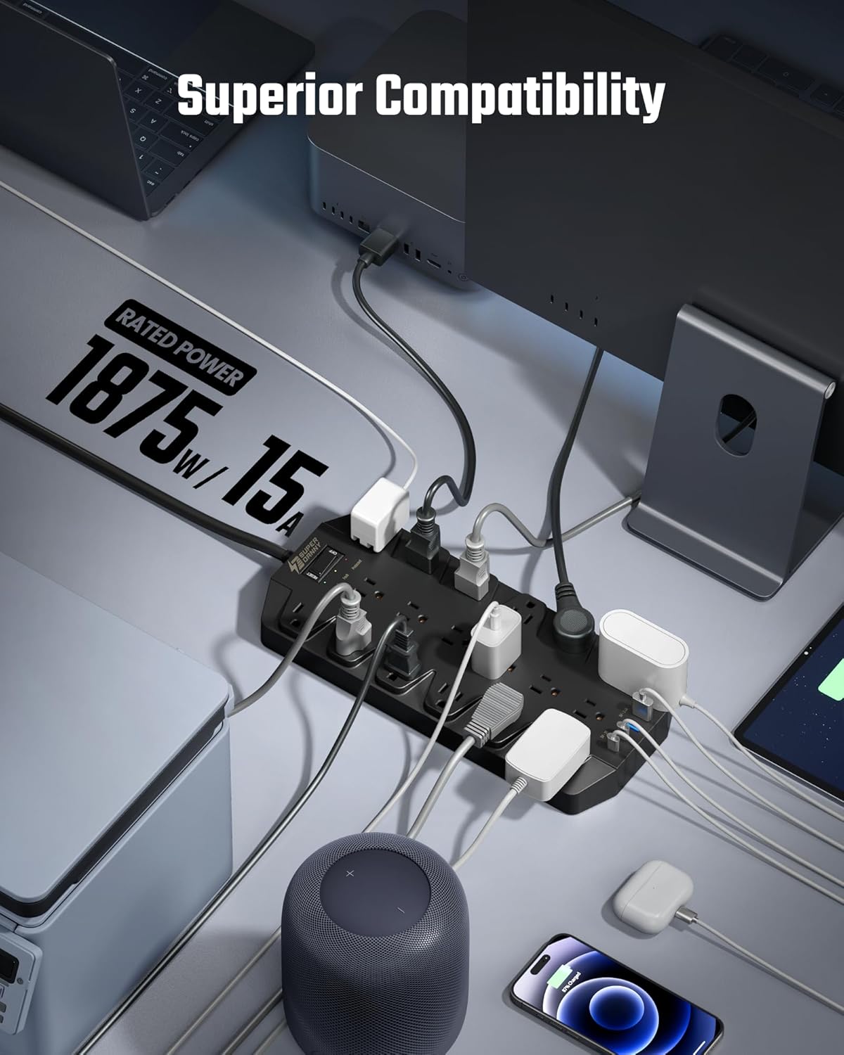 18 Widely Outlets Power Strip, SUPERDANNY Surge Protector with 4 USB Ports, 15FT Flat Plug Heavy Duty Extension Cord, 2100J, 1875W/15A, Wall Mount Holes for Home, Office, Dorm, Black