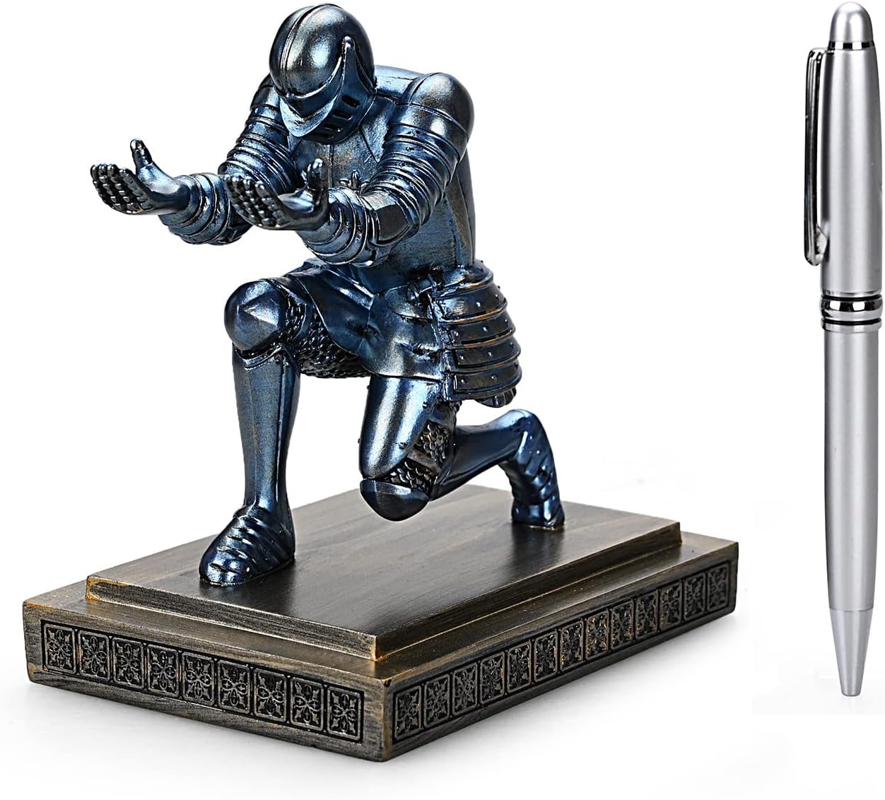 Knight Pen Holder Pen Stand Desk Organizers and Accessories Resin Pencil Holder as Gift with a Fancy Pen for Office and Home Desk Organizer (Blue)
