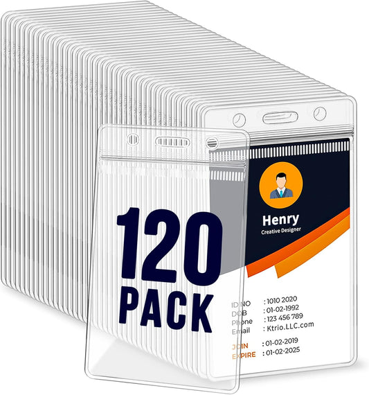 120 Pack Plastic Badge Holder, Vertical ID Badge Holder, Clear Waterproof ID Card Holder with Resealable Zip, 2.5" x 3.8" Name Tag Holder for Nurses and Office, Fits ID Card/Credit Card/Student Card