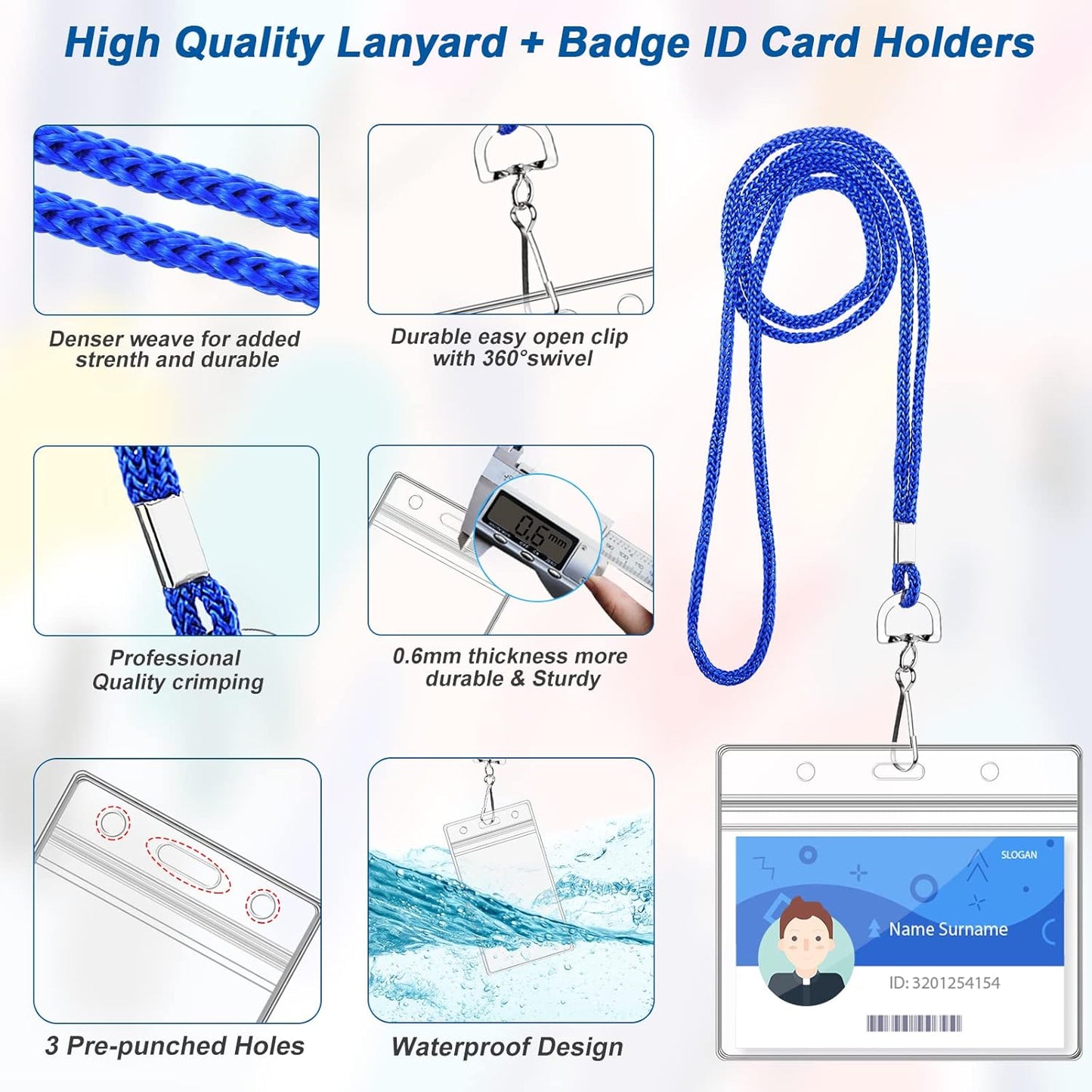 100Pcs Clear Plastic Horizontal Name Tag Badge ID Card Holders and 100Pcs Blue Neck Lanyards with Swivel Hook for School, Office, Business