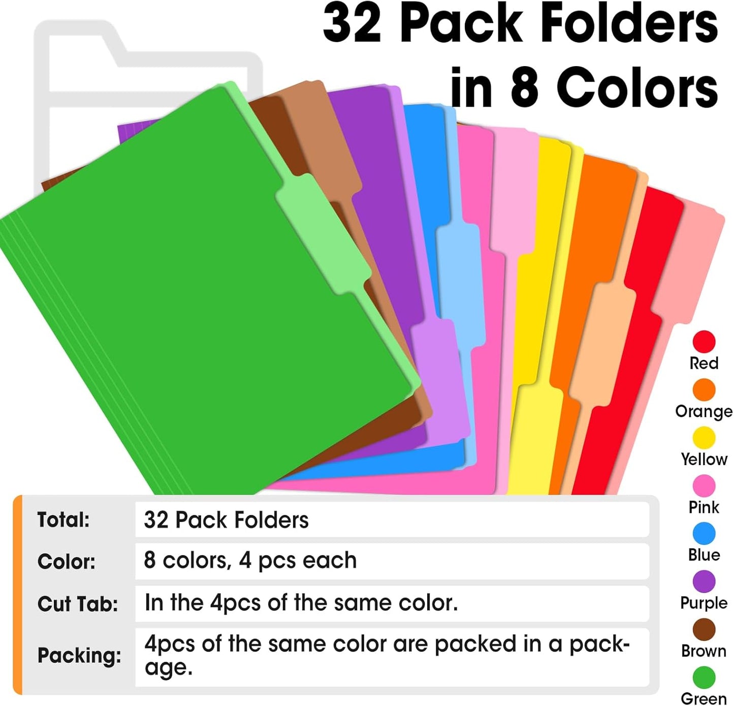 32 Pack Colored File Folders 8.5 x 11 Inch, 1/3 Cut Tab File Folders Letter Size, Assorted 8 Colors Filing Folder for Office School Business